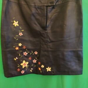 Flowered Genuine Leather Mini Skirt
